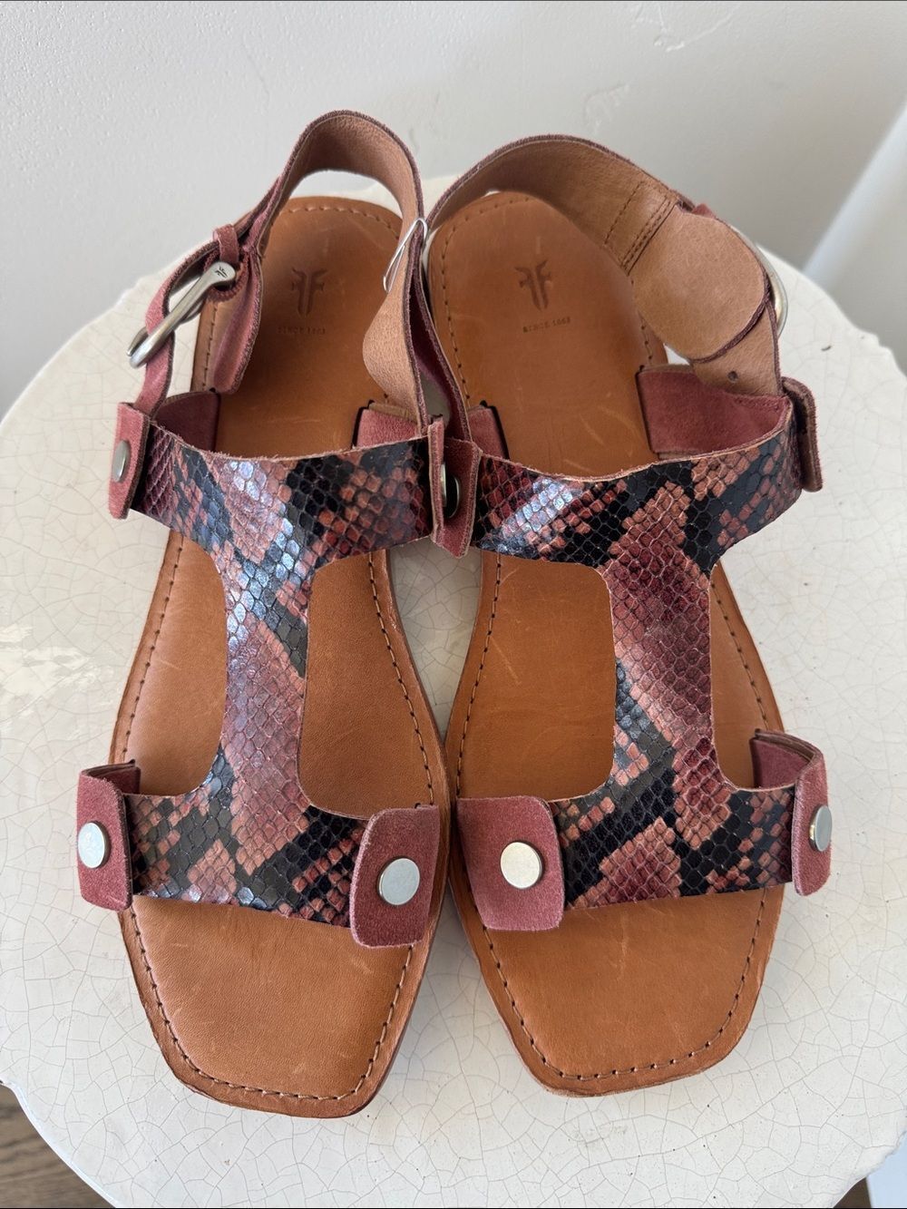 FREY Felix Sling Sandals Antiqued Rose Snake-Print Suede Leather Women’s Size 10